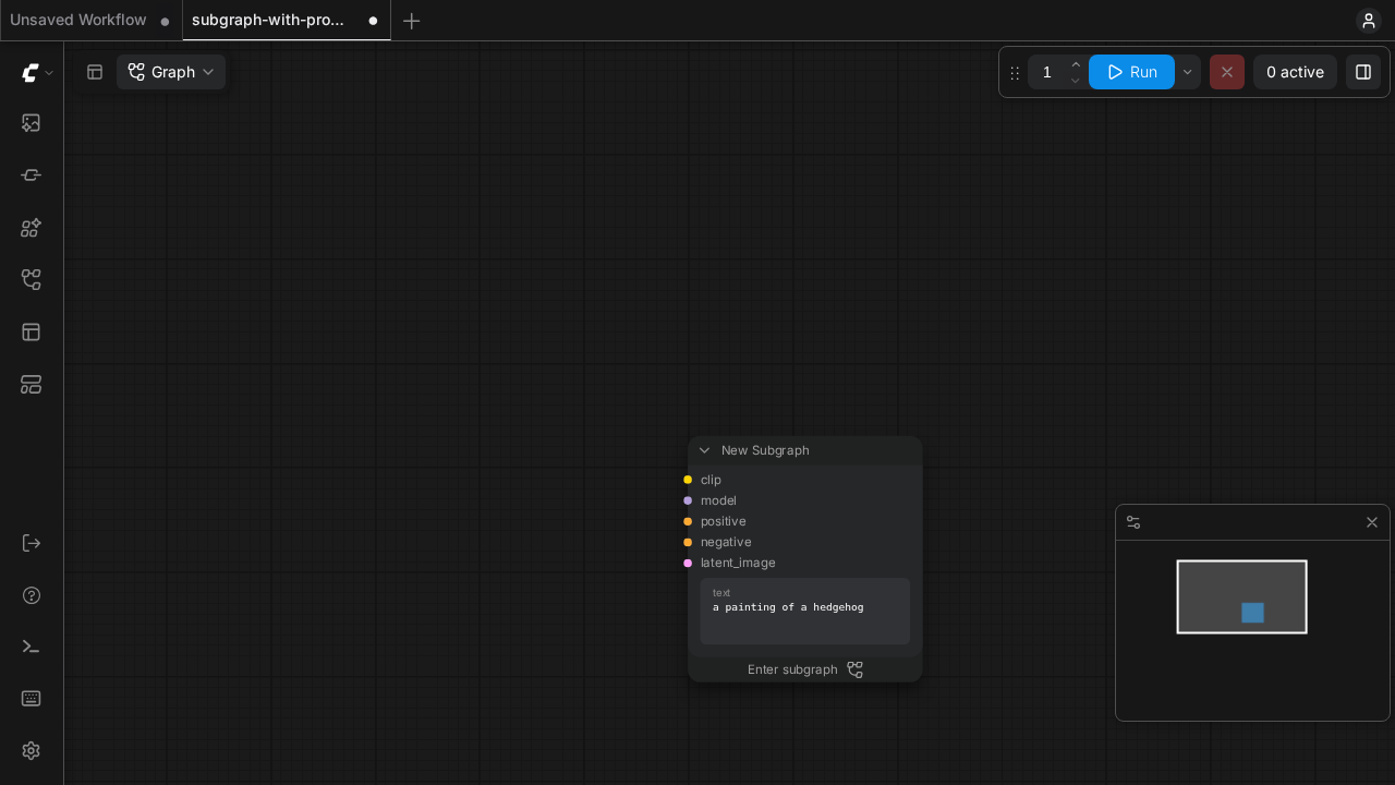Before unpack: subgraph node with promoted text widget containing the prompt, all five type slots unconnected